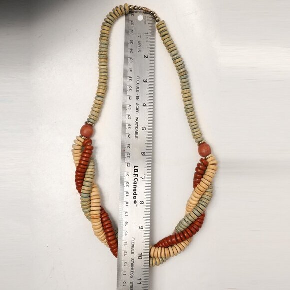 Vintage Twisted Wood Bead Necklace 3 Strand Retro Boho Brown Cream Blue - Picture 5 of 9